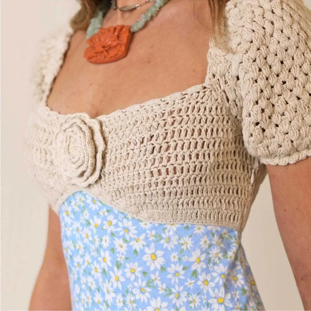 Rixo London Sardinia Crochet Knit Floral Maxi Dress in Cream and Light Blue - Picture 7 of 10
